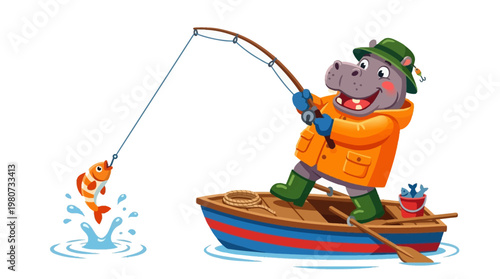 A cheerful cartoon hippo enjoys a successful day of fishing, catching a vibrant goldfish while boating on tranquil waters, showcasing a delightful outdoor adventure