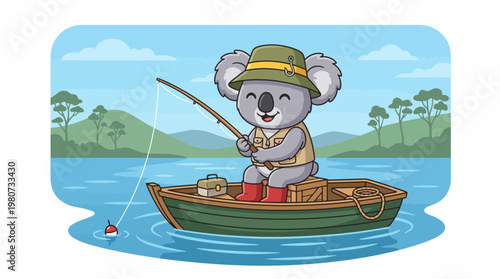 Happy koala fishing from a boat on the lake with trees in the background