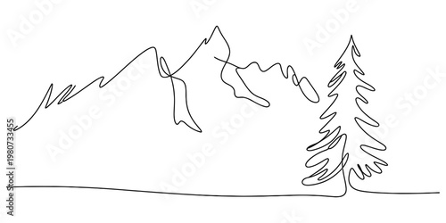 Minimalist continuous single line drawing featuring a mountain landscape and a lone pine tree. Vector, illustration