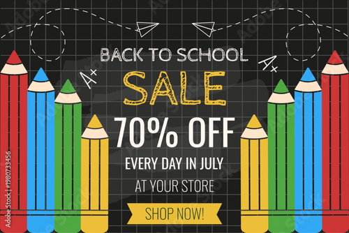 Back to School Sale banner vector concept. Perfect business Sale Back to School design with doodle School symbols colorful pencil frame and bold sale message. Education background Sale banner EPS 10