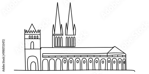 A black and white line drawing depicting the architectural structure of a historical cathedral Vector, illustration