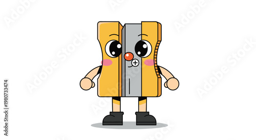 Cute pencil sharpener character with large eyes, a small red nose, and a smiling face stands on a white surface.