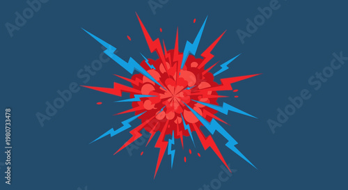 Explosive comic book style burst with red and blue lightning bolts and circles on a dark blue background