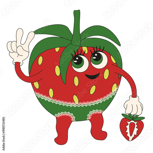 Playful Strawberry character design isolated transparent backgorund. Cartoon vector Strawberry with green tail and slice of Strawberry in retro Lace underwear. Eps 10