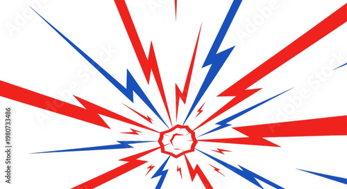 Explosion of red and blue lightning bolts emanating from a central point, symbolizing energy, power, and impact.