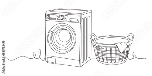 Continuous line drawing of a modern washing machine and laundry basket vector illustration vector	