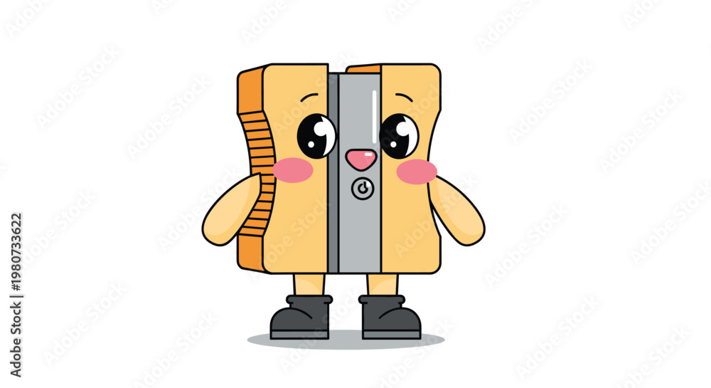 Naklejka premium Adorable pencil sharpener mascot with big sparkling eyes and pink cheeks stands in a friendly upright position.
