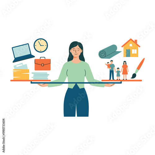 A woman juggles work and family life with books, clock, laptop, and home on trays.