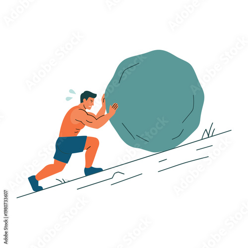 Man pushing large boulder up steep hill with effort and determination
