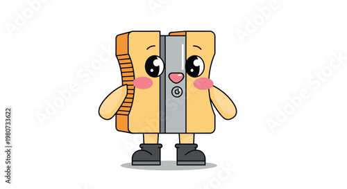 Adorable pencil sharpener mascot with big sparkling eyes and pink cheeks stands in a friendly upright position.