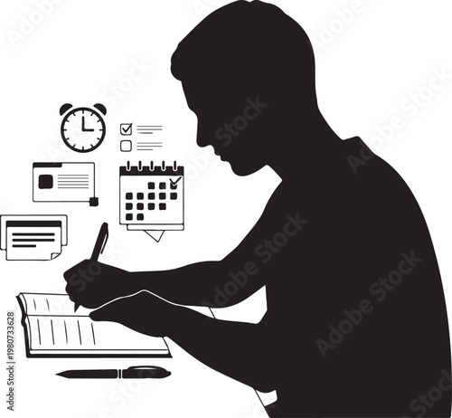 Man writing on paper with calendar clock and messages