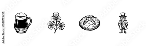 Irish Cultural Symbols and Ireland Heritage Elements with Fluid Ink Brush Strokes in Hand-Drawn Painterly Style