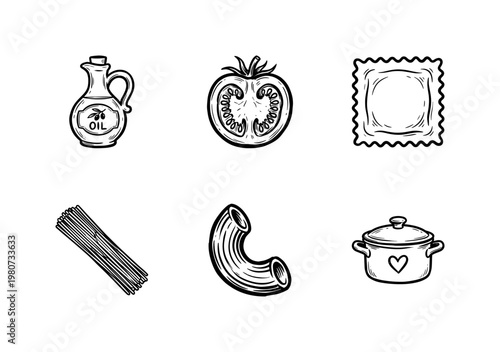 Italian Cuisine and Pasta Cooking Ingredients with Hand-Drawn Inky Brushwork and Rustic Chalkboard Aesthetic