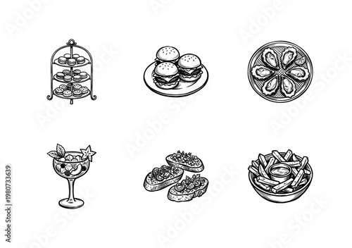 Catering and Gourmet Food Appetizer Collection with Fluid Ink Brush Strokes in Hand-Drawn Painterly Style