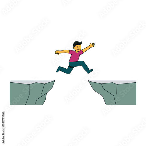 Man jumping over a gap between two cliffs in mid-air