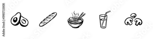 Food and Beverage Gastronomy Elements with Hand-Drawn Inky Brushwork and Bold Yellow Highlights in Calligraphic Painterly Style