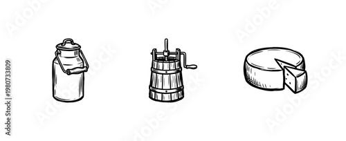 Dairy Products and Farm Fresh Milk Essentials with Hand-Drawn Inky Brushwork and Fluid Painterly Organic Strokes