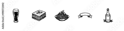 Italian Pasta and Restaurant Menu Elements with Hand-Drawn Inky Brushwork and Chalkboard Aesthetic