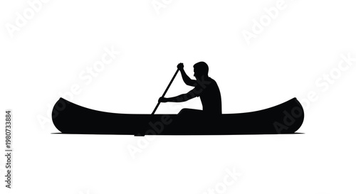 Silhouette of a person paddling a canoe on calm waters simple design