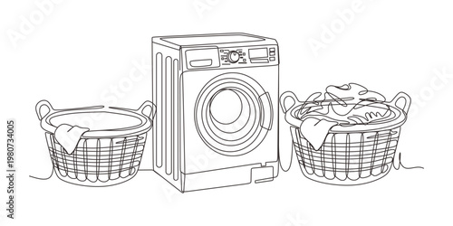 Continuous line drawing of a modern washing machine and laundry basket vector illustration vector	