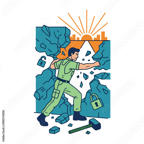 Man breaking through wall with hammer in city at sunrise