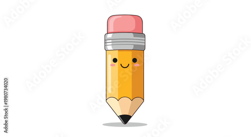 Adorable cartoon character of a yellow pencil with a cute smiling face and pink cheeks isolated on a white background for school and art themes.