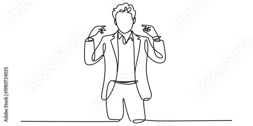 A single continuous line drawing of a proud man pointing towards himself with both of his hands Vector, illustration