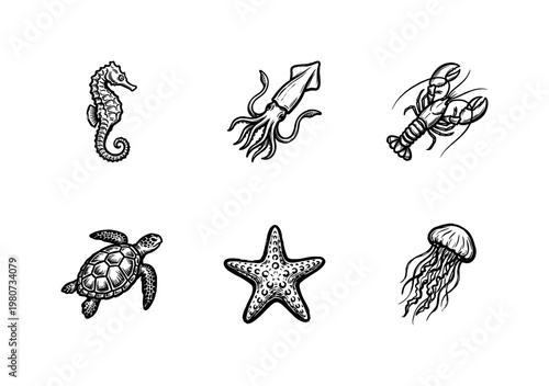 Marine Life and Underwater Creatures Set with Inky Brushwork and Detailed Hand-Drawn Painterly Style