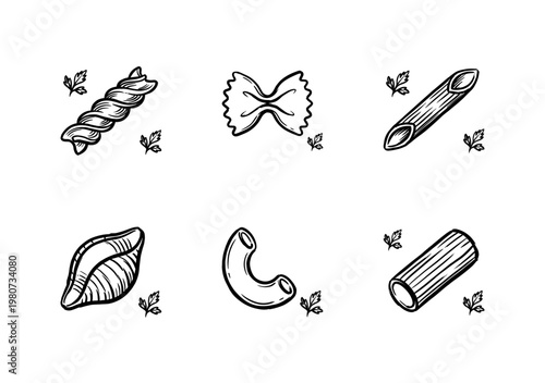 Italian Pasta Varieties and Mediterranean Food Elements with Hand-Drawn Ink Brush Strokes and Painterly Calligraphic Outlines