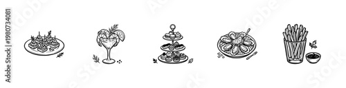 Catering Service and Gourmet Food Menu Elements with Hand-Drawn Ink Brush Strokes and Organic Calligraphic Details