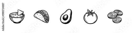 Mexican Cuisine Ingredients and Appetizers with Fluid Ink Brush Strokes in Hand-Drawn Painterly Style