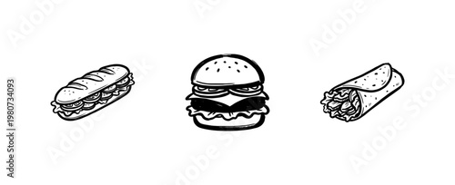 Fast Food and Popular Snack Menu Elements with Chalkboard Style Hand-Drawn Ink Brush Strokes