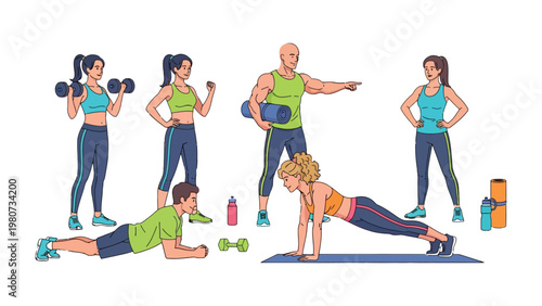 Fitness class: A diverse group of individuals participate in a dynamic fitness class, guided by an instructor. The scene radiates energy, health, and collective endeavor.