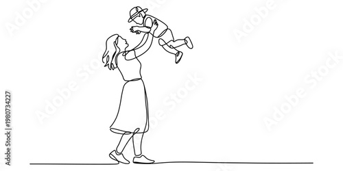 Continuous single line drawing of a mother happily lifting up her young child in the air today. Vector, illustration