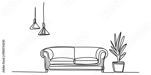 A simple minimalist line drawing illustration of a modern living room sofa with hanging lamps Vector, illustration