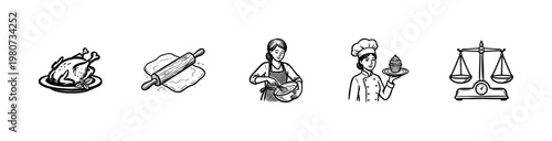 Culinary Cooking and Baking Elements with Professional Chefs in Hand-Drawn Painterly Style and Fluid Ink Brush Strokes.