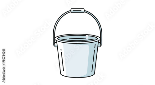 Simple illustration of a silver metal bucket filled to the brim with clear water isolated on a white background for household or garden themes.
