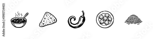 Indian Cuisine and Traditional Food Elements with Hand-Drawn Inky Brushwork and Fluid Painterly Aesthetic