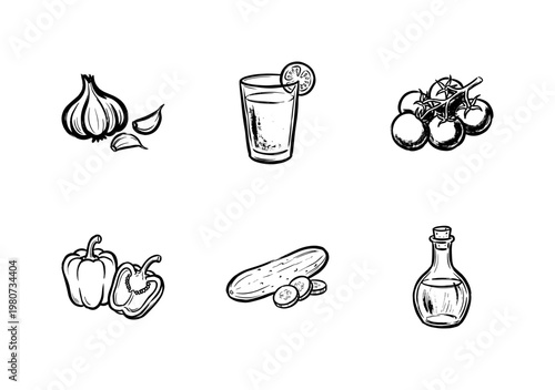 Gazpacho Soup Ingredients and Fresh Mediterranean Vegetables with Hand-Drawn Inky Brushwork and Painterly Watercolor Texture.