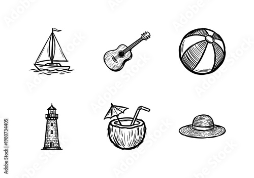 Summer Vacation and Beach Travel Elements with Hand-Drawn Inky Brushwork and Organic Textures