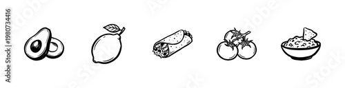 Mexican Food and Traditional Cuisine Ingredients with Hand-Drawn Ink Brush Strokes and Detailed Hatching