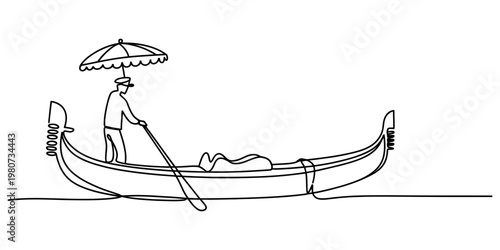 A single continuous line drawing of a gondolier steering a boat while holding a large parasol Vector, illustration