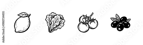 Fresh Greek Salad Ingredients and Mediterranean Vegetables with Hand-Drawn Painterly Watercolor Textures