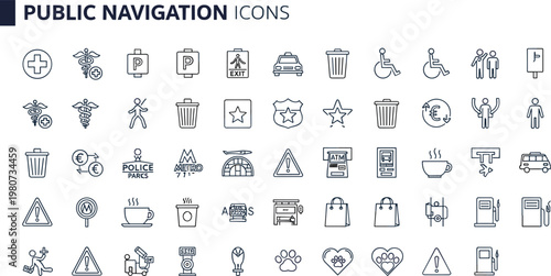 Public navigation line icon set with accessibility transport safety service facilities parking restroom warning symbols outline vector collection