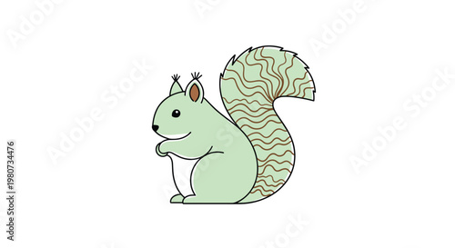Light green cartoon squirrel sitting and holding a nut with a large tail decorated in brown wavy lines on a white background.