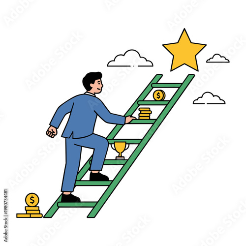 Man climbing ladder to reach star symbol with coins and trophy