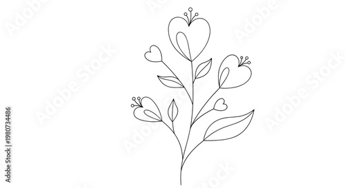 Simple line drawing of a delicate plant with multiple heart-shaped flowers and small leaves growing from a slender central stem.