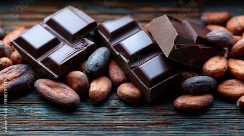 Dark chocolate pieces and cocoa bean pods on rustic wooden surface, rich texture and warm tones evoke cozy and indulgent feeling