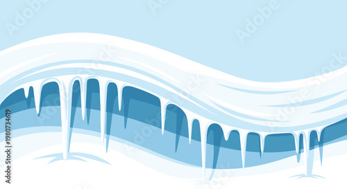 Winter landscape illustration featuring rolling blue and white snow drifts with sharp icicles hanging from a ledge.