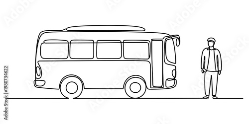 A single continuous line drawing of a passenger bus and a person waiting at the bus stop station. Vector, illustration